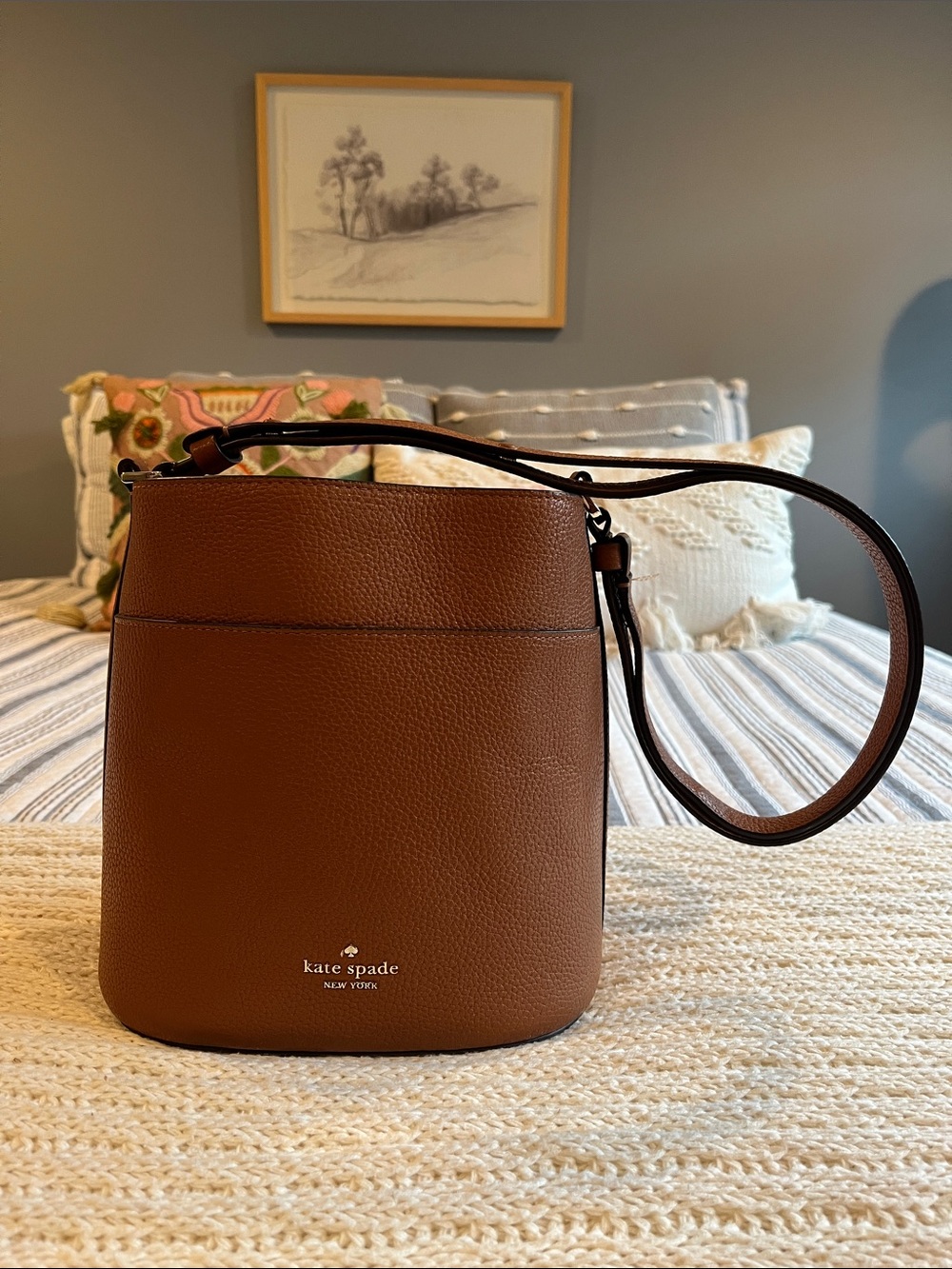 kate spade Brown Pebbled Leather Bucket Crossbody